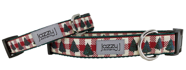 Cranberry Buffalo Check Christmas Trees Dog Collar