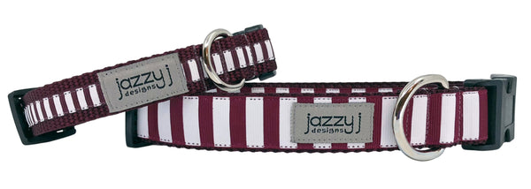 Maroon & White Striped Dog Collar