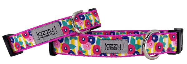 Striped Flowers on Fuchsia Dog Collar