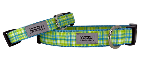 Lime Green & Blue Plaid Dog Collar