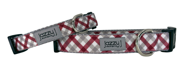 Maroon & Grey Plaid on Grey Dog Collar