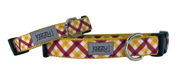Maroon & Gold Plaid on Gold Dog Collar