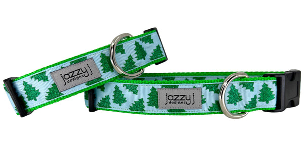 Blue Glitter Christmas Trees Dog Collar
