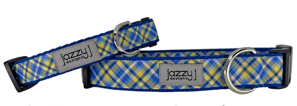 Blue & Gold Plaid on Blue Dog Collar