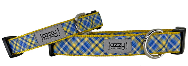 Blue & Gold Plaid on Gold Dog Collar