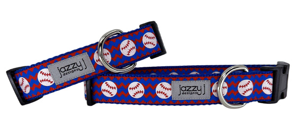 Royal Blue & Red Chevron Baseballs Dog Collar