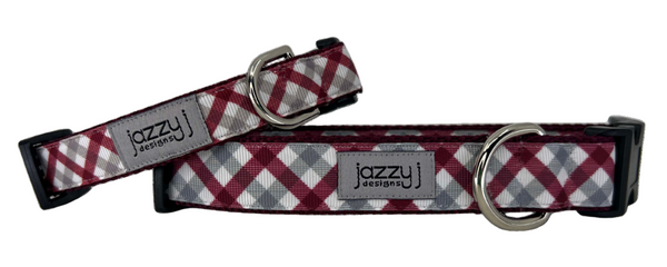 Maroon & Grey Plaid on Maroon Dog Collar