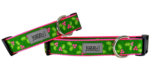 Pink Holly and Berries on Green Dog Collar