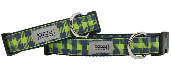Lime Green & Navy Buffalo Check Dog Collar