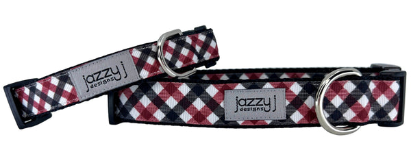 Maroon & Black Plaid on Black Dog Collar