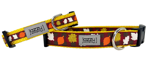 Maroon Buffalo Check Fall Leaves Dog Collar