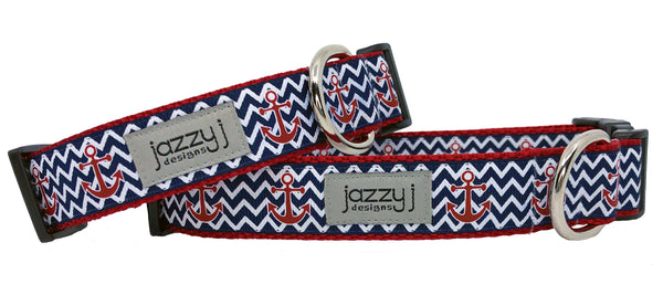 Navy Chevron Anchors Dog Collar