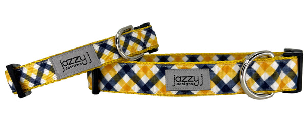 Navy & Gold Plaid on Gold Dog Collar