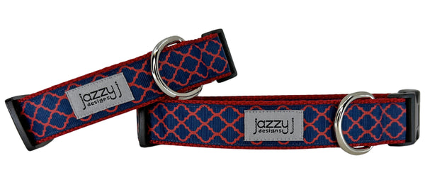 Navy Blue and Red Trellis Dog Collar