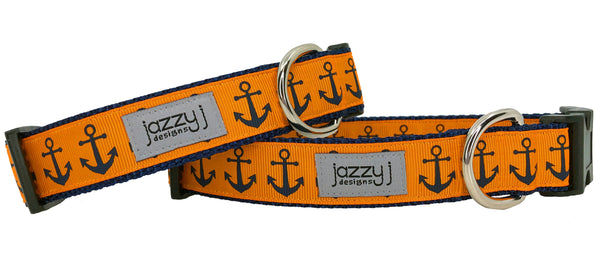 Orange & Navy Anchors Dog Collar