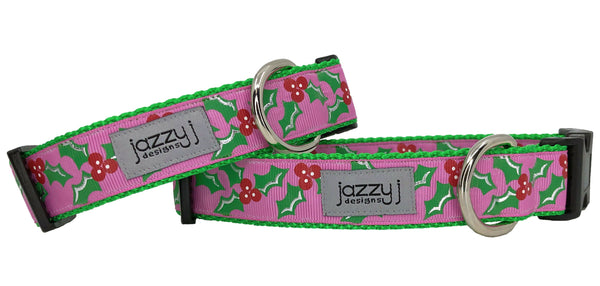 Pink Holly and Berries Dog Collar