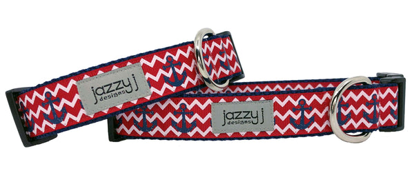 Red Chevron Anchors Dog Collar