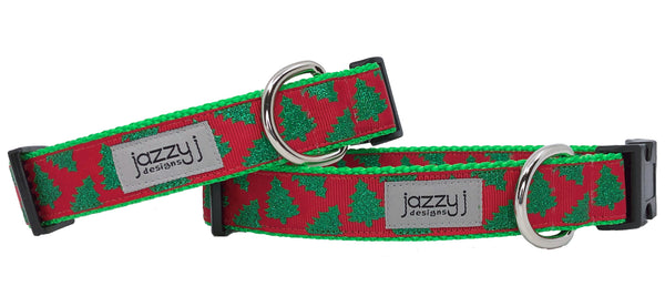 Red Glitter Christmas Trees Dog Collar