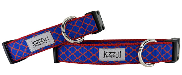 Royal Blue and Red Trellis Dog Collar