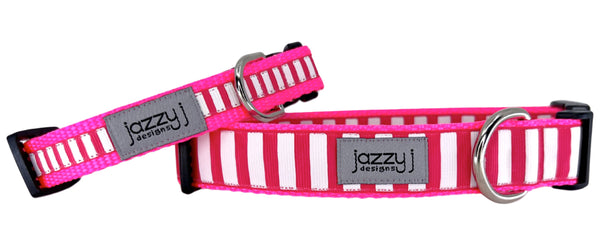 Shocking Pink & White Striped Dog Collar