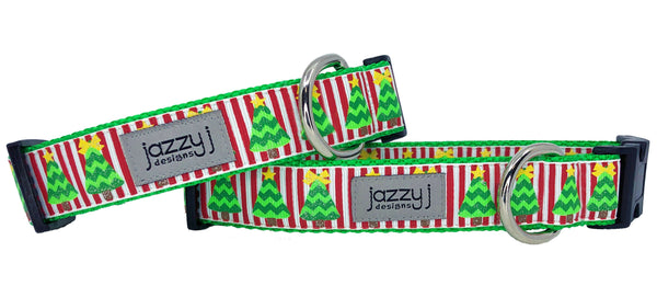 Striped Chevron Christmas Trees Dog Collar