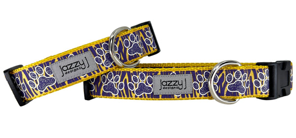 Tiger Striped Purple & Gold Paw Print Dog Collar