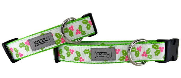 Pink Holly and Berries on White Dog Collar