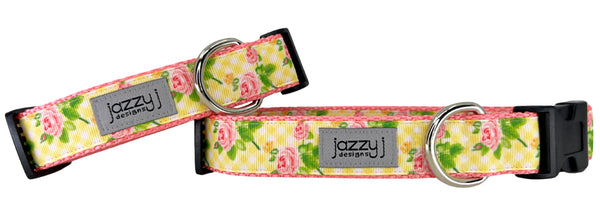 Yellow Gingham Roses Dog Collar